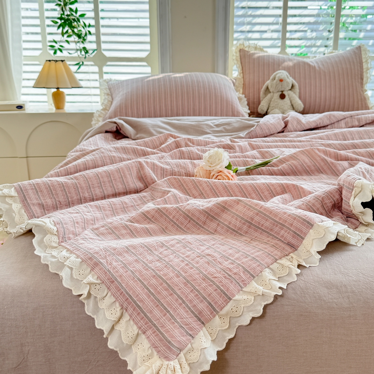 91家纺网 家纺一手货源 找家纺 仰望棉麻双层纱供应链 2026春夏新款全棉纯棉色织提花四件套-麦香麦香-粉色