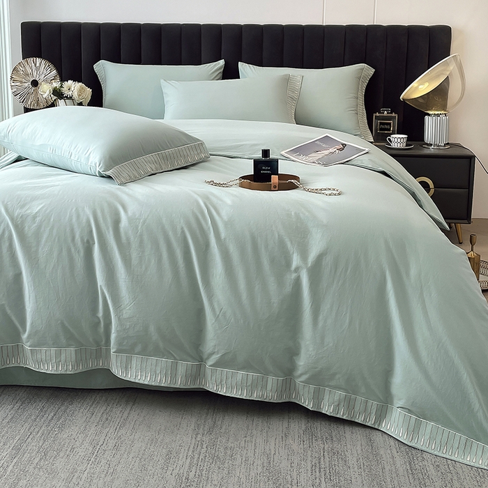 91家纺网 家纺一手货源 找家纺 拼社家纺 2026新款A类色织全棉水洗棉四件套纯棉四件套刺绣床上用品-黛妮卡系列 黛妮卡-水湖绿