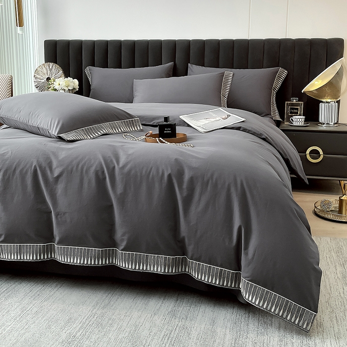 拼社家纺 2026新款A类色织全棉水洗棉四件套纯棉四件套刺绣床上用品-黛妮卡系列 黛妮卡-水墨灰