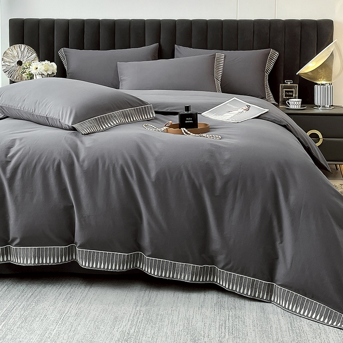 91家纺网 家纺一手货源 找家纺 拼社家纺 2026新款A类色织全棉水洗棉四件套纯棉四件套刺绣床上用品-黛妮卡系列 黛妮卡-水墨灰