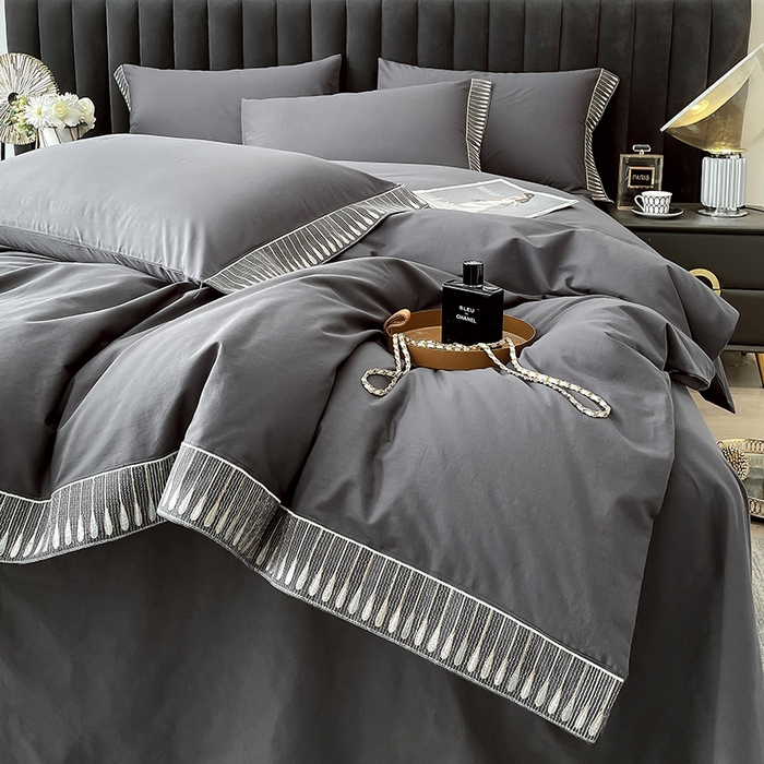 91家纺网 家纺一手货源 找家纺 拼社家纺 2026新款A类色织全棉水洗棉四件套纯棉四件套刺绣床上用品-黛妮卡系列 黛妮卡-水墨灰