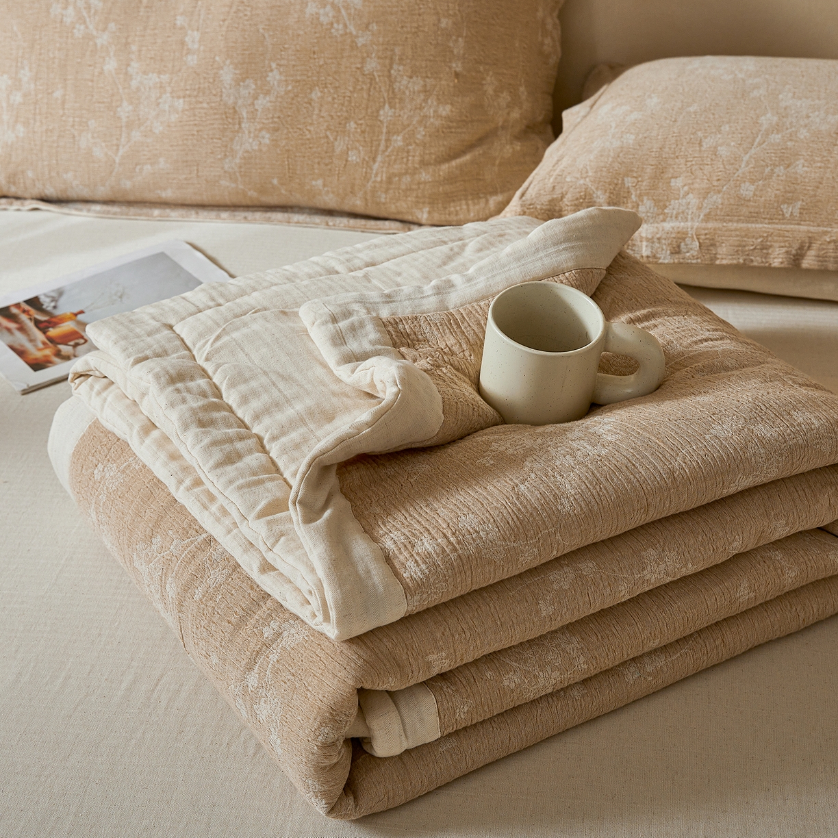 91家纺网 家纺一手货源 找家纺 熙宴家纺 2026新款色织提花棉麻脱脂棉花夏被 被子被芯 棉麻-腊梅