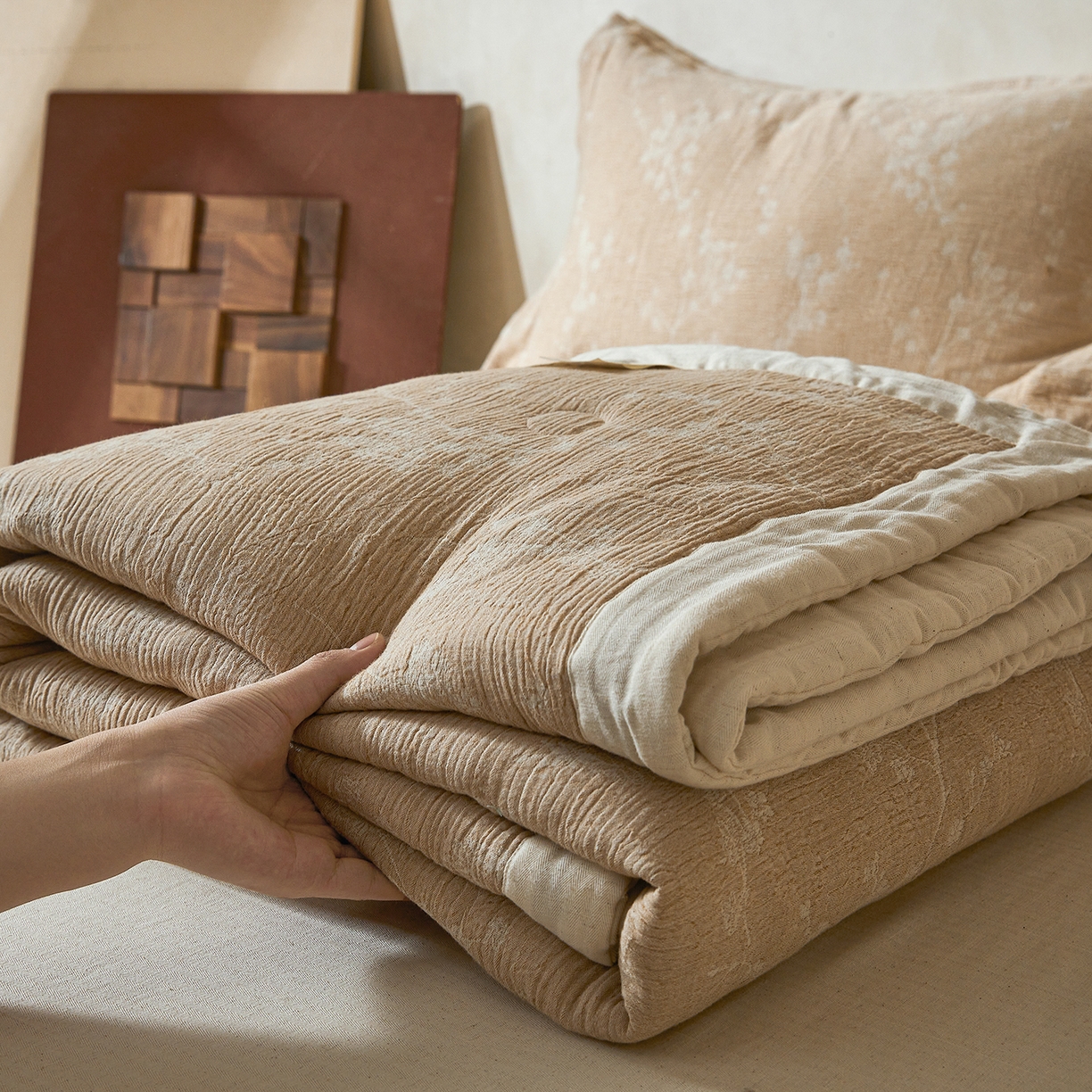 熙宴家纺 2026新款色织提花棉麻脱脂棉花夏被 被子被芯 棉麻-腊梅