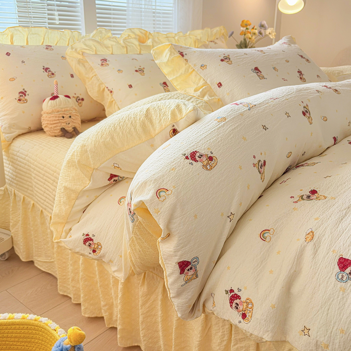 民新家纺 2026新款泡芙双层纱床盖款四件套 星星人