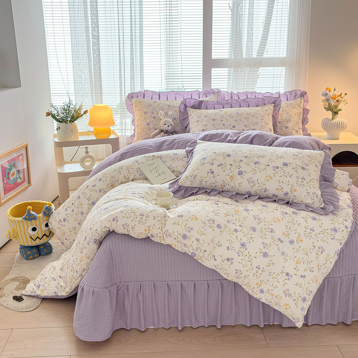 91家纺网 家纺一手货源 找家纺 民新家纺 2026新款泡芙双层纱床盖款四件套 紫薇花开