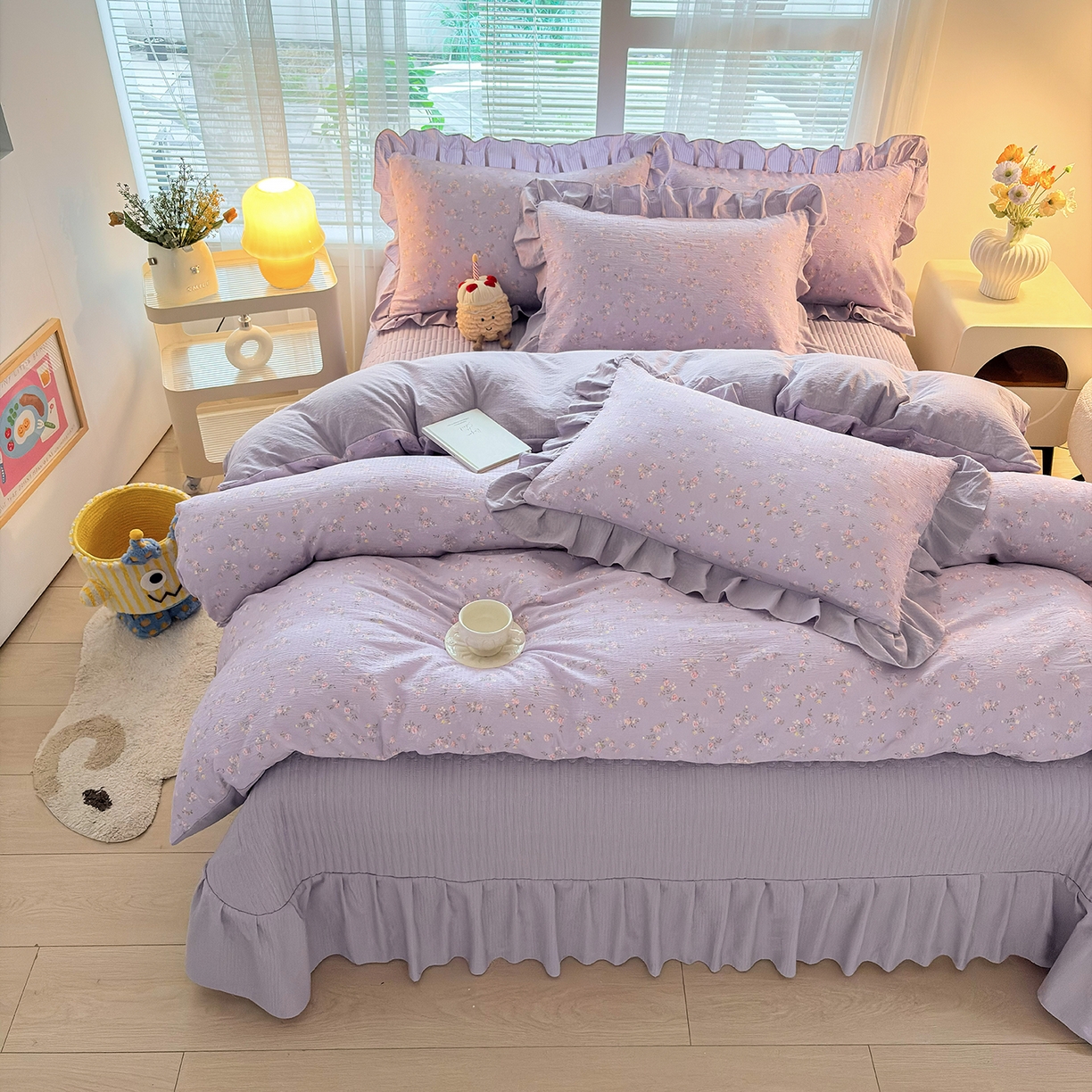 91家纺网 家纺一手货源 找家纺 民新家纺 2026新款泡芙双层纱床盖款四件套 紫梦花语