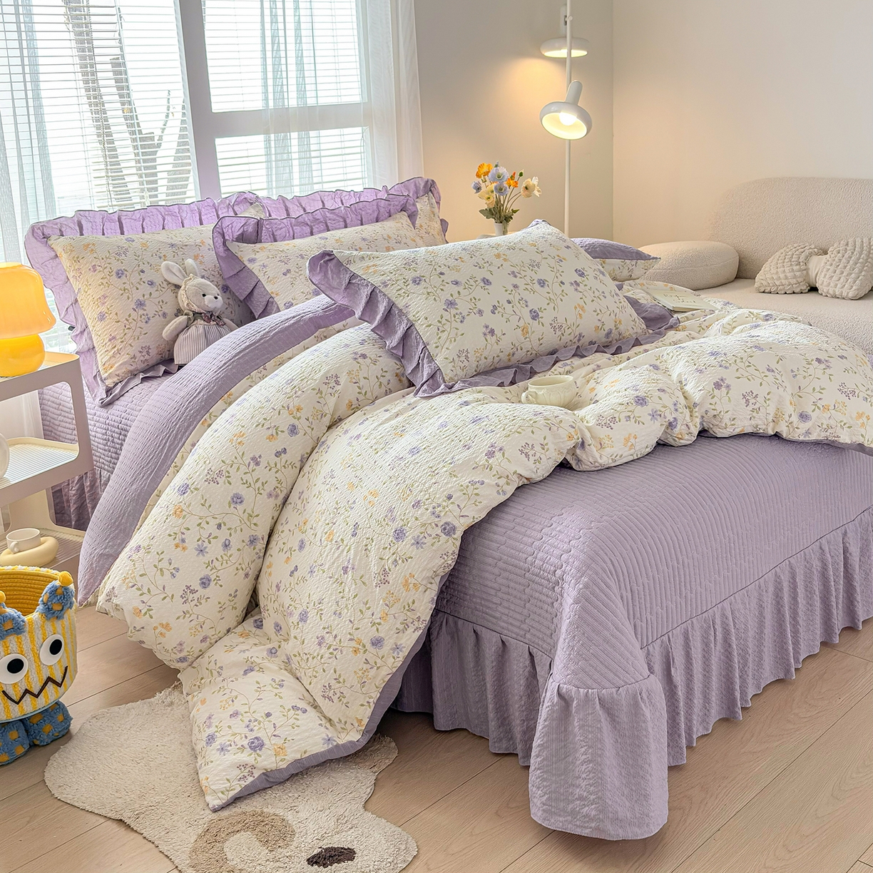 91家纺网 家纺一手货源 找家纺 民新家纺 2026新款泡芙双层纱床盖款四件套 紫薇花开