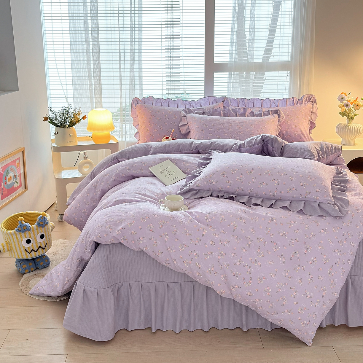 91家纺网 家纺一手货源 找家纺 民新家纺 2026新款泡芙双层纱床盖款四件套 紫梦花语