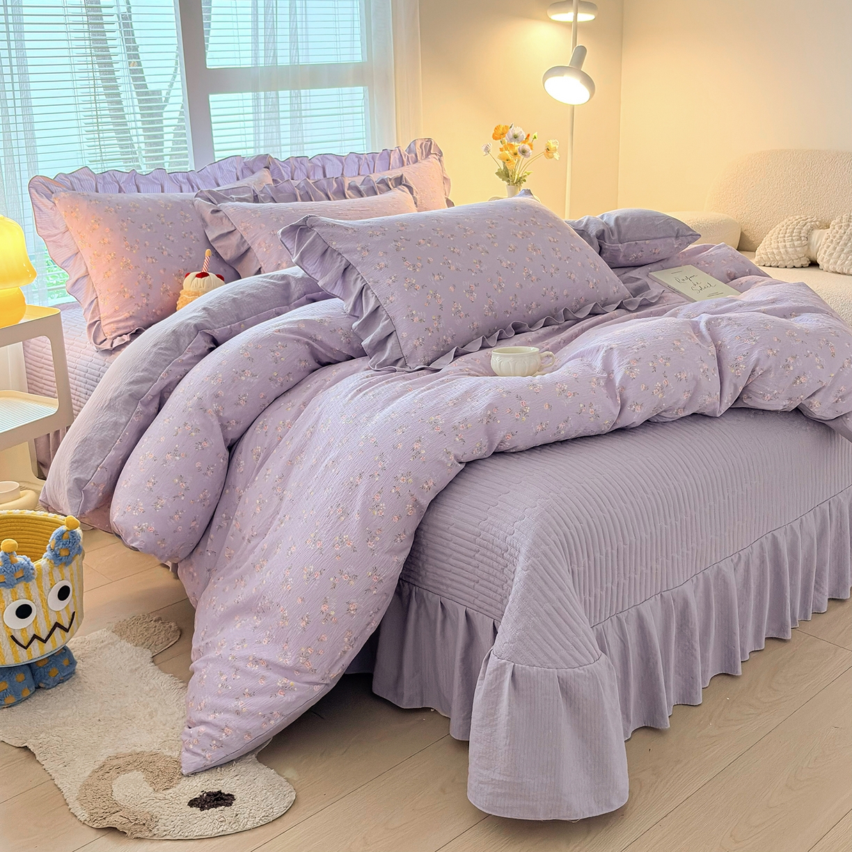 91家纺网 家纺一手货源 找家纺 民新家纺 2026新款泡芙双层纱床盖款四件套 紫梦花语