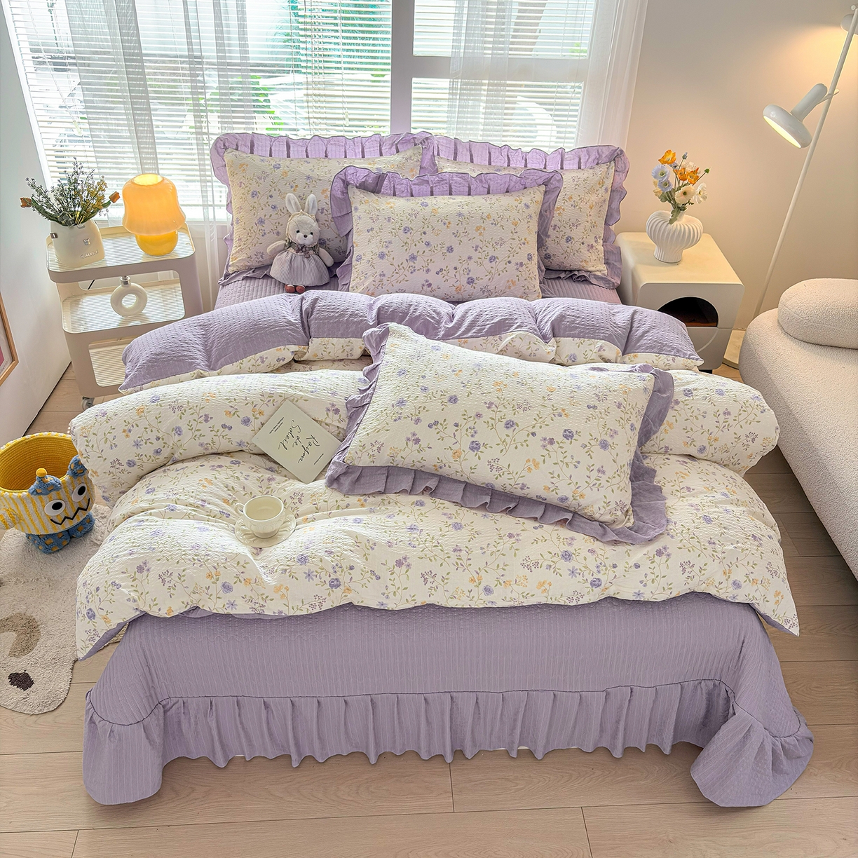 91家纺网 家纺一手货源 找家纺 民新家纺 2026新款泡芙双层纱床盖款四件套 紫薇花开