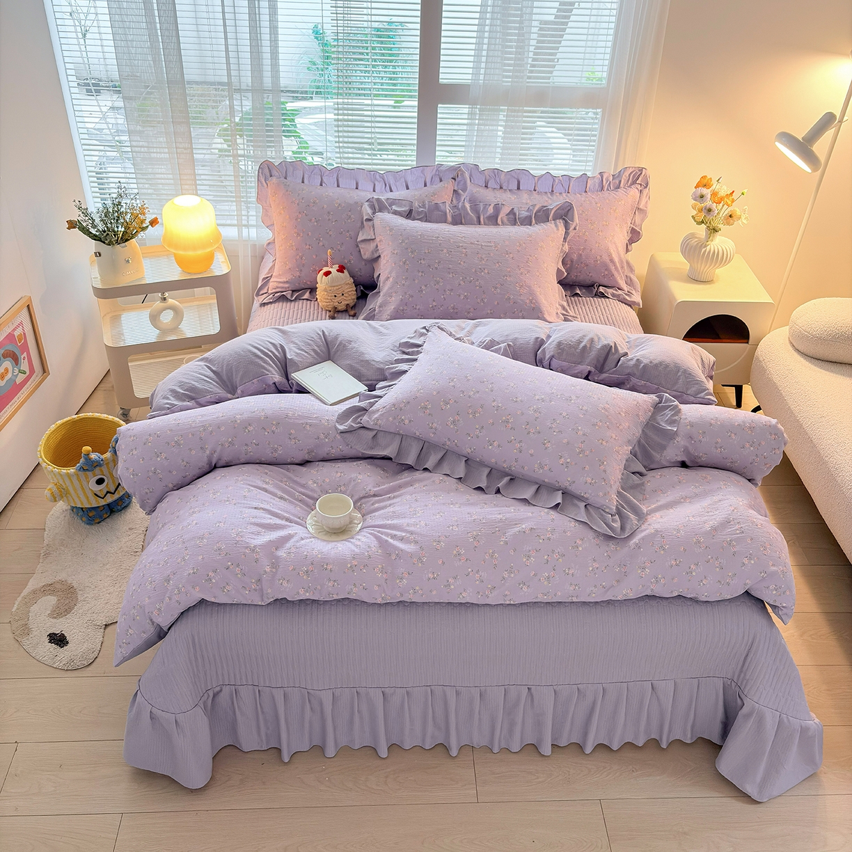 91家纺网 家纺一手货源 找家纺 民新家纺 2026新款泡芙双层纱床盖款四件套 紫梦花语