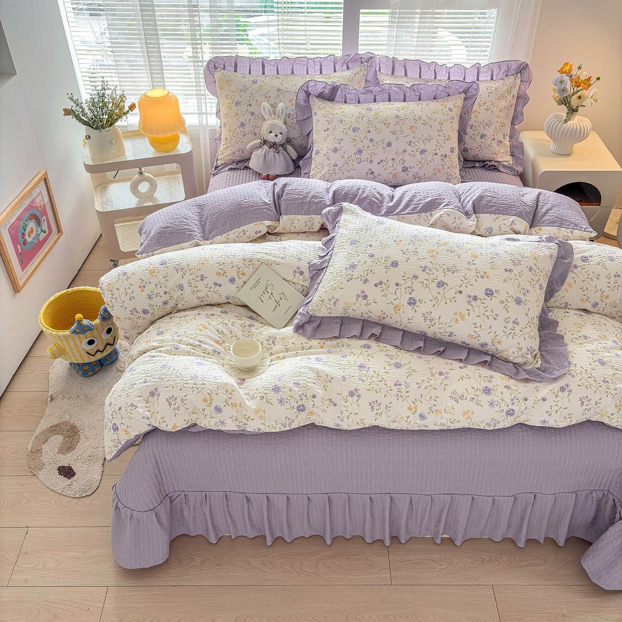 91家纺网 家纺一手货源 找家纺 民新家纺 2026新款泡芙双层纱床盖款四件套 紫薇花开