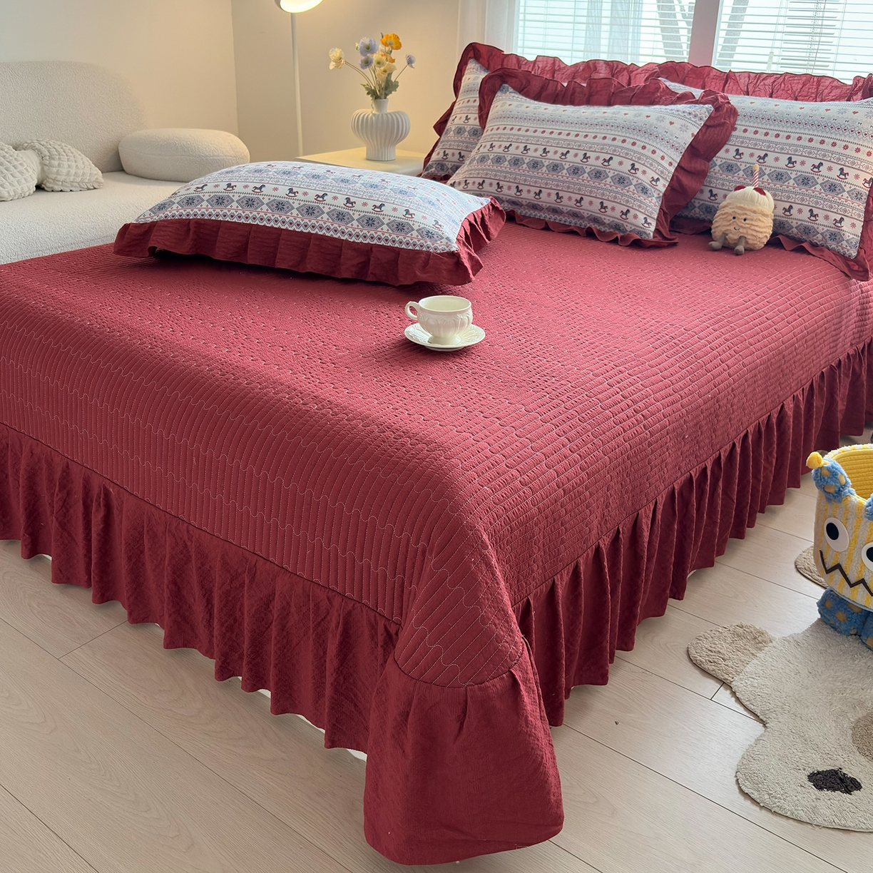 91家纺网 家纺一手货源 找家纺 民新家纺 2026新款泡芙双层纱床盖款四件套 爱心小马