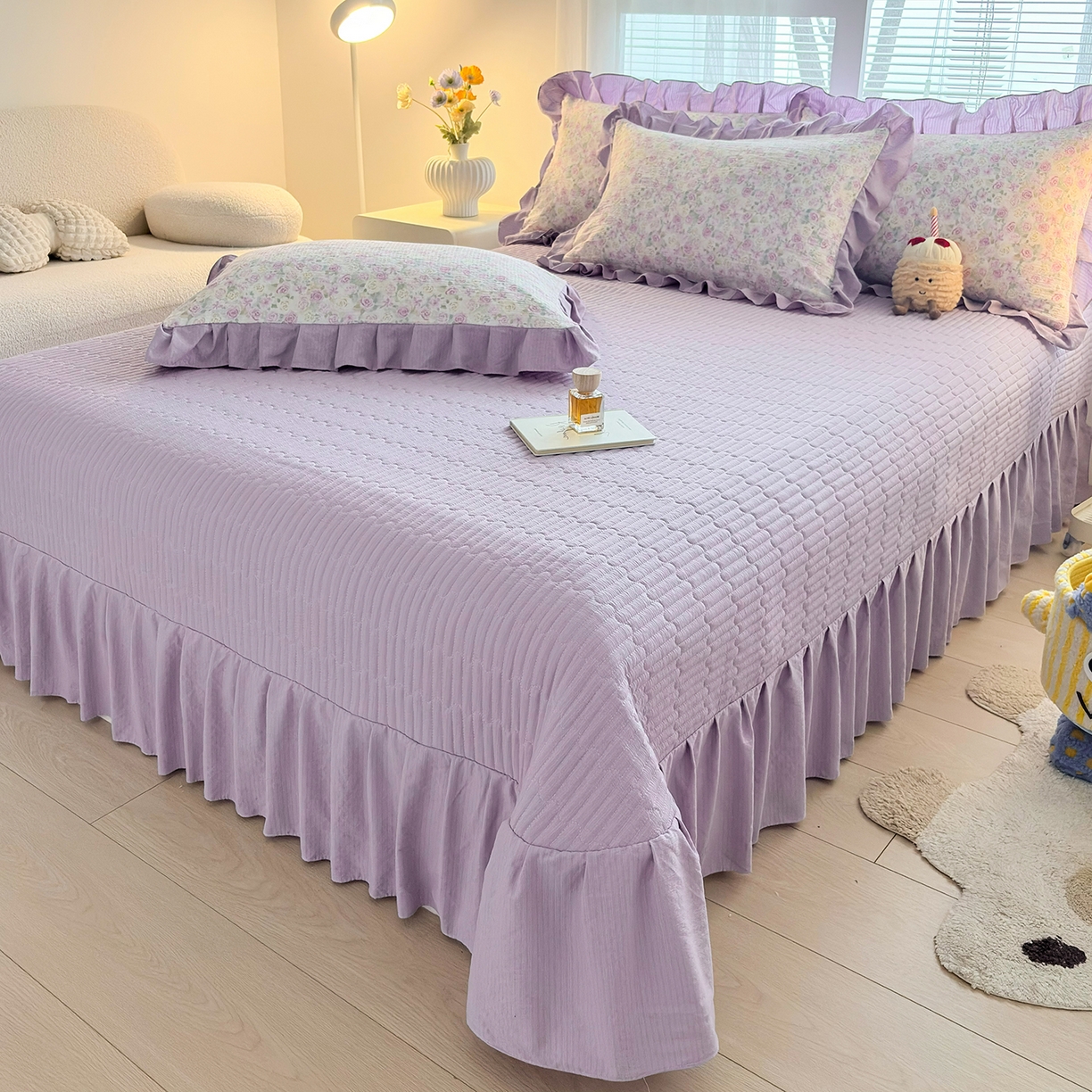 91家纺网 家纺一手货源 找家纺 民新家纺 2026新款泡芙双层纱床盖款四件套 水彩玫瑰