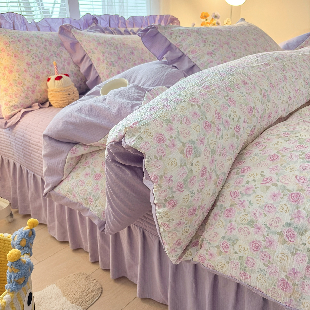 民新家纺 2026新款泡芙双层纱床盖款四件套 水彩玫瑰