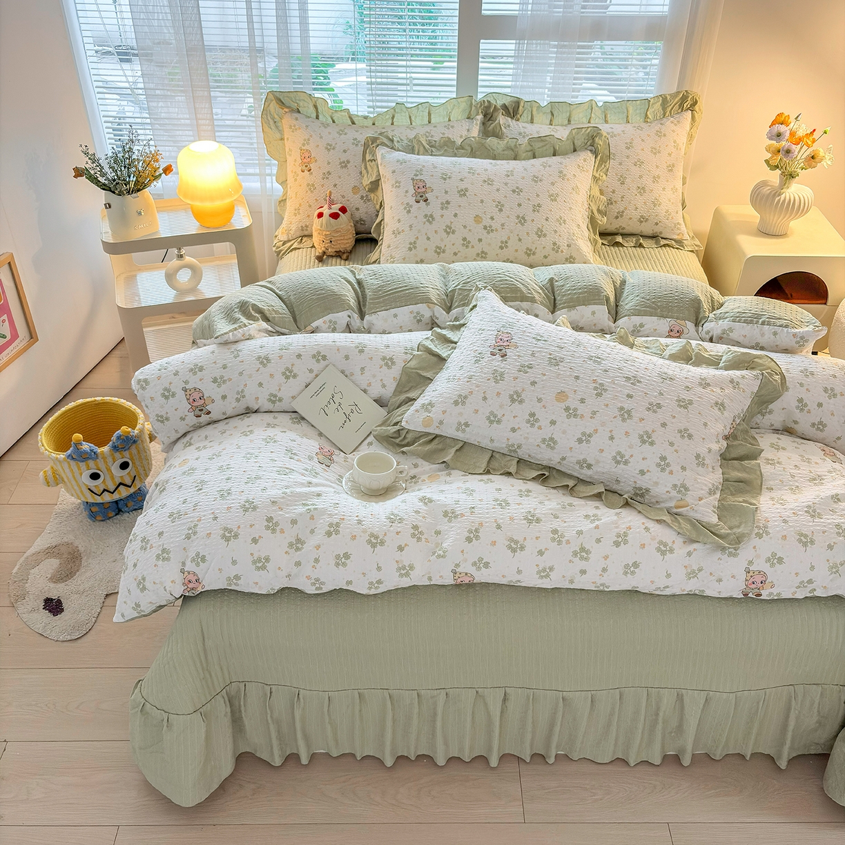 91家纺网 家纺一手货源 找家纺 民新家纺 2026新款泡芙双层纱床盖款四件套 幸运星