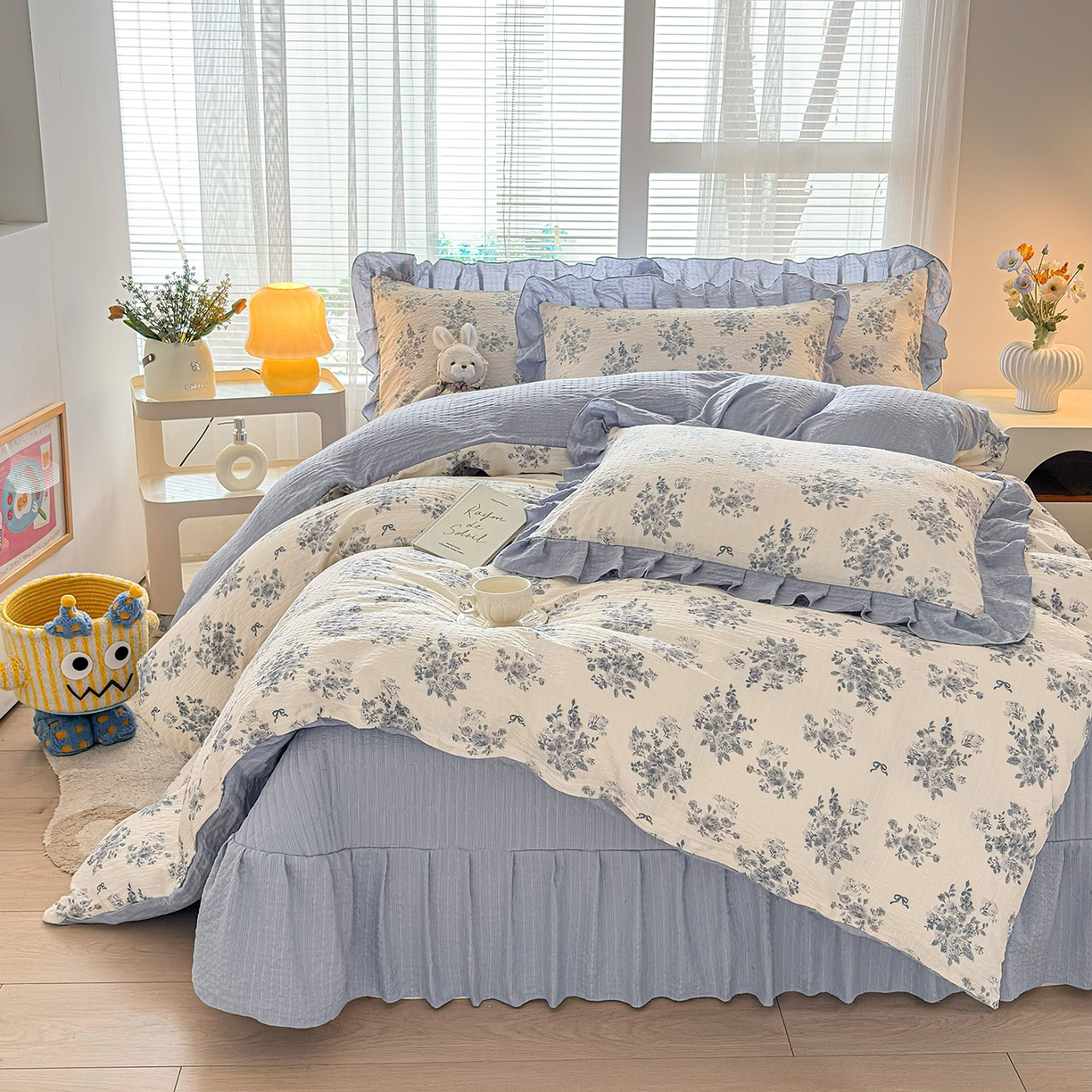 91家纺网 家纺一手货源 找家纺 民新家纺 2026新款泡芙双层纱床盖款四件套 仲夏之梦