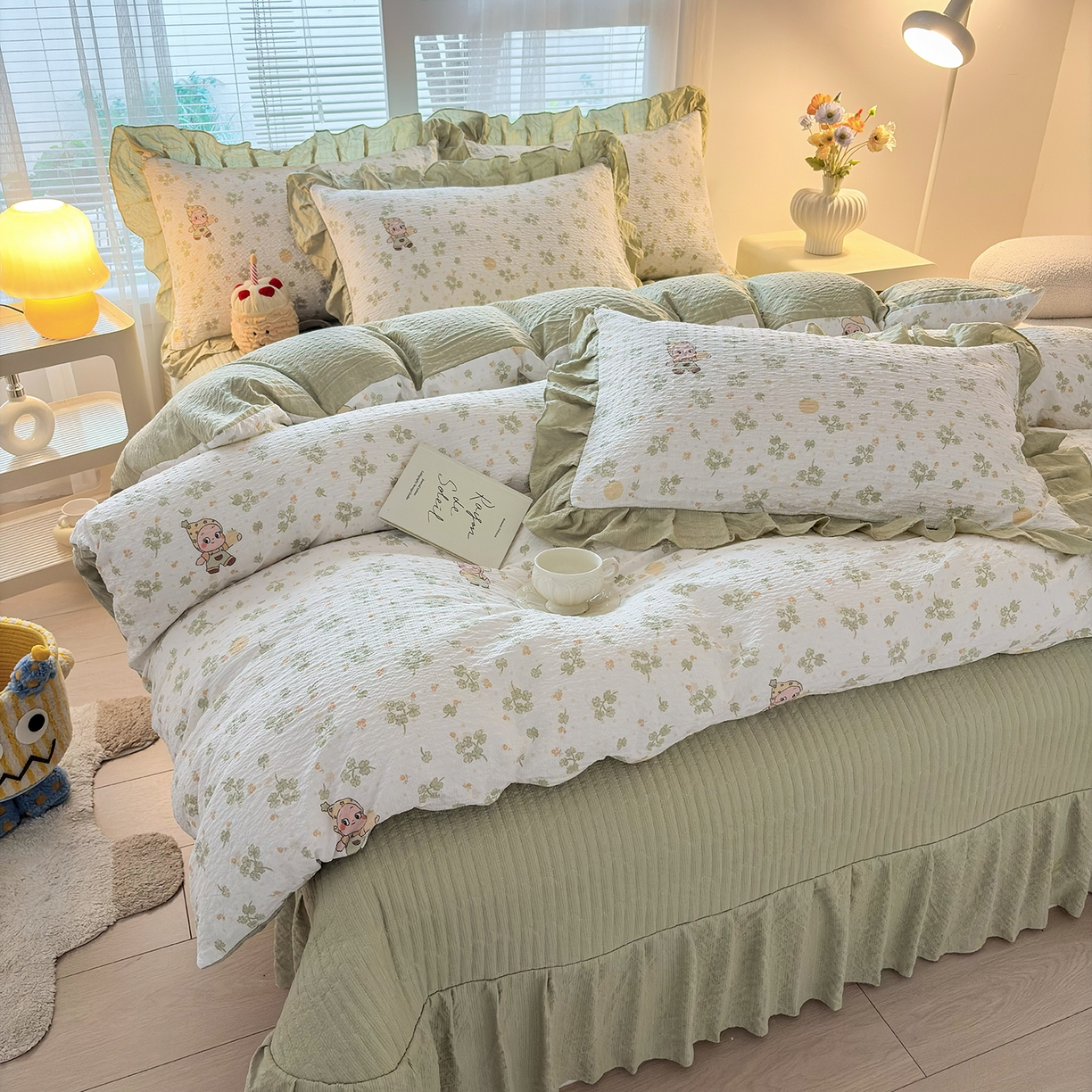 91家纺网 家纺一手货源 找家纺 民新家纺 2026新款泡芙双层纱床盖款四件套 幸运星