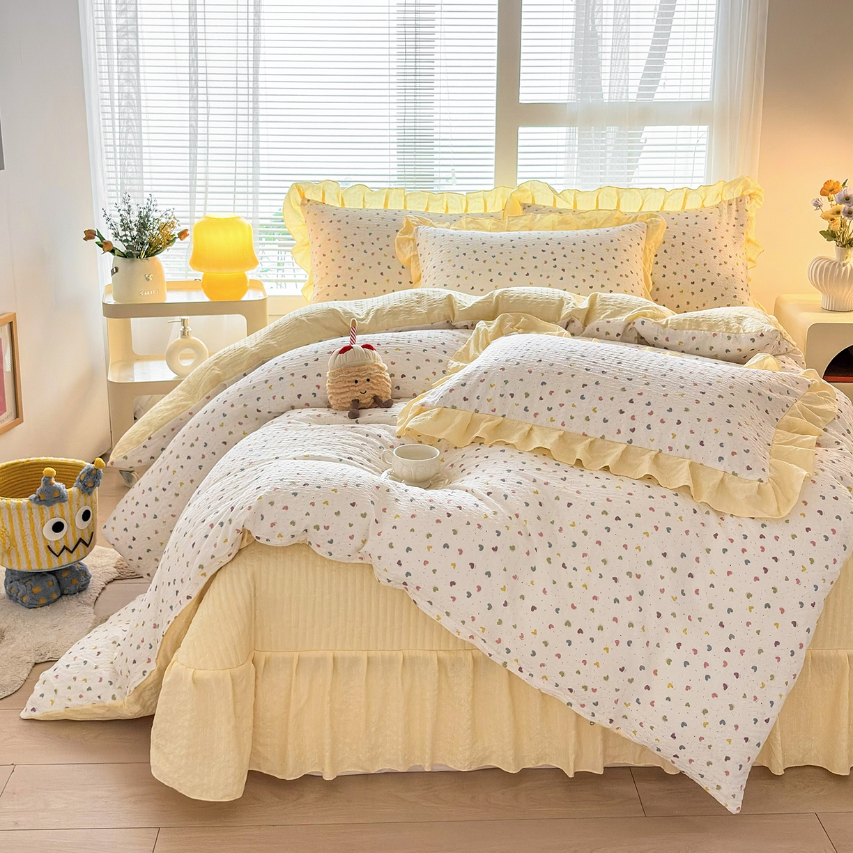 91家纺网 家纺一手货源 找家纺 民新家纺 2026新款泡芙双层纱床盖款四件套 心心相印