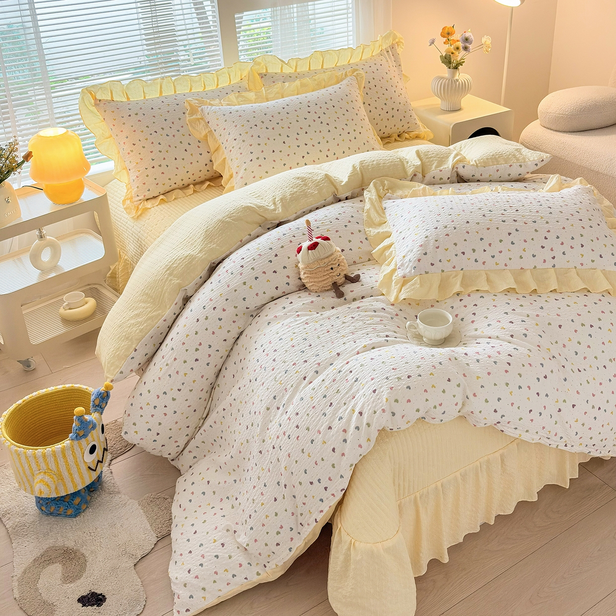 91家纺网 家纺一手货源 找家纺 民新家纺 2026新款泡芙双层纱床盖款四件套 心心相印