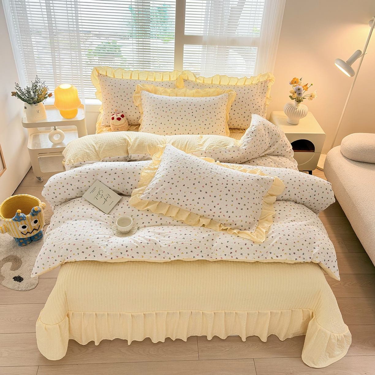 91家纺网 家纺一手货源 找家纺 民新家纺 2026新款泡芙双层纱床盖款四件套 心心相印