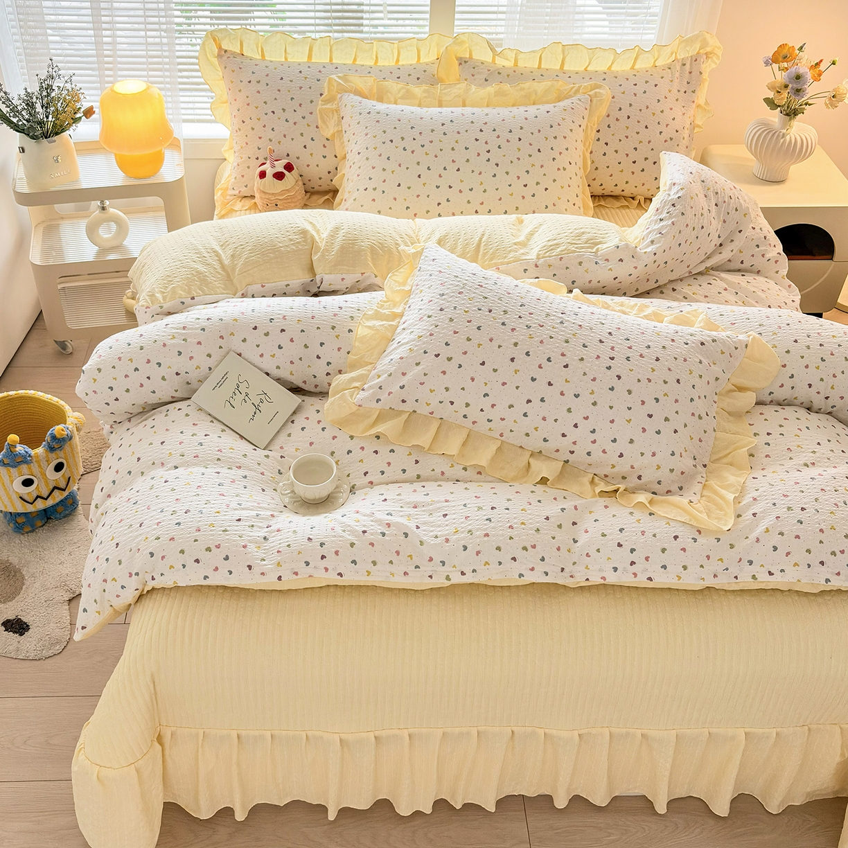 91家纺网 家纺一手货源 找家纺 民新家纺 2026新款泡芙双层纱床盖款四件套 心心相印