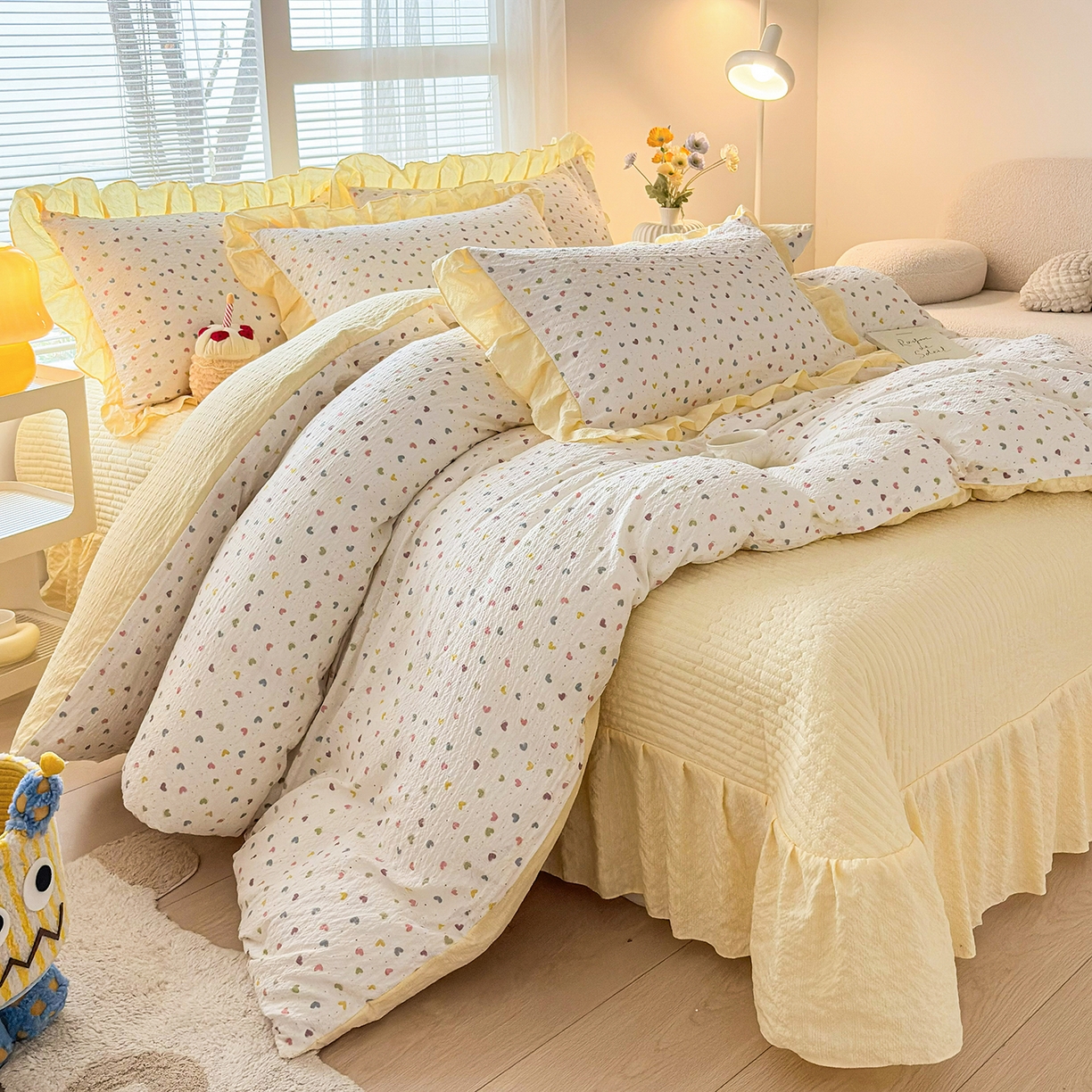 91家纺网 家纺一手货源 找家纺 民新家纺 2026新款泡芙双层纱床盖款四件套 心心相印