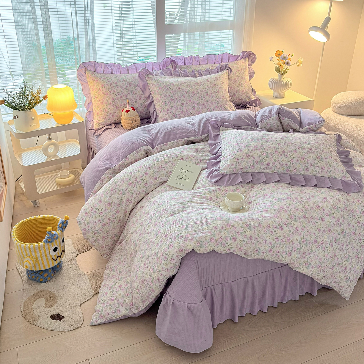 91家纺网 家纺一手货源 找家纺 民新家纺 2026新款泡芙双层纱床盖款四件套 水彩玫瑰