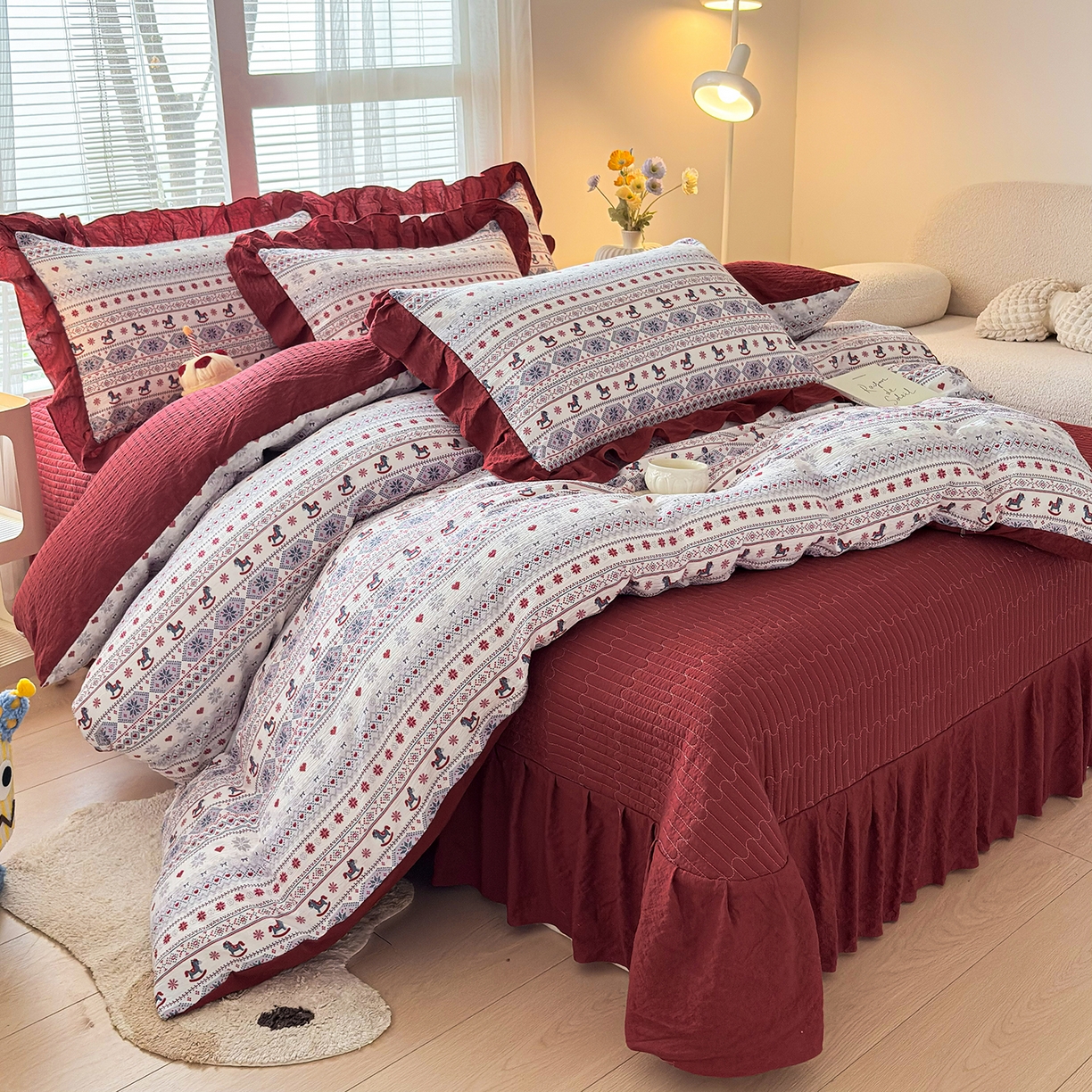 91家纺网 家纺一手货源 找家纺 民新家纺 2026新款泡芙双层纱床盖款四件套 爱心小马