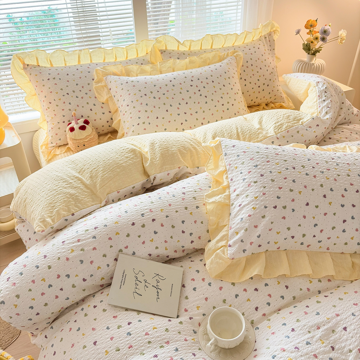 91家纺网 家纺一手货源 找家纺 民新家纺 2026新款泡芙双层纱床盖款四件套 心心相印