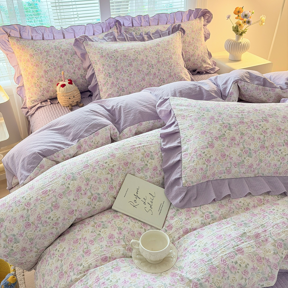 91家纺网 家纺一手货源 找家纺 民新家纺 2026新款泡芙双层纱床盖款四件套 水彩玫瑰