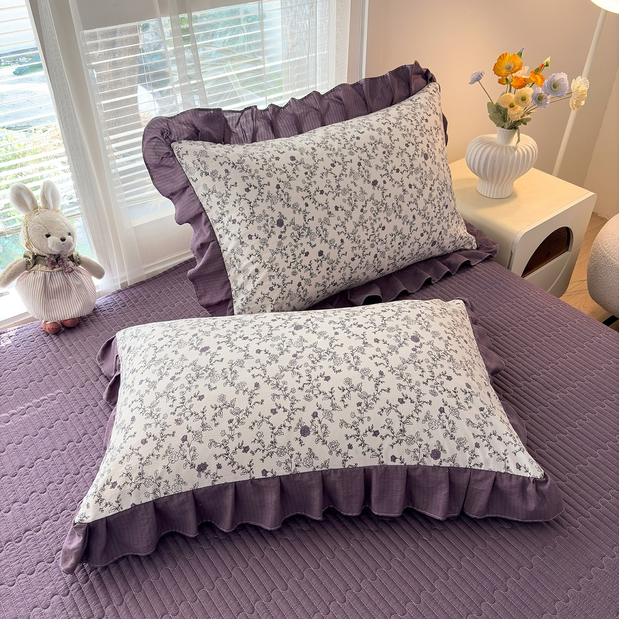 91家纺网 家纺一手货源 找家纺 民新家纺 2026新款泡芙双层纱床盖款四件套 晨雾花园