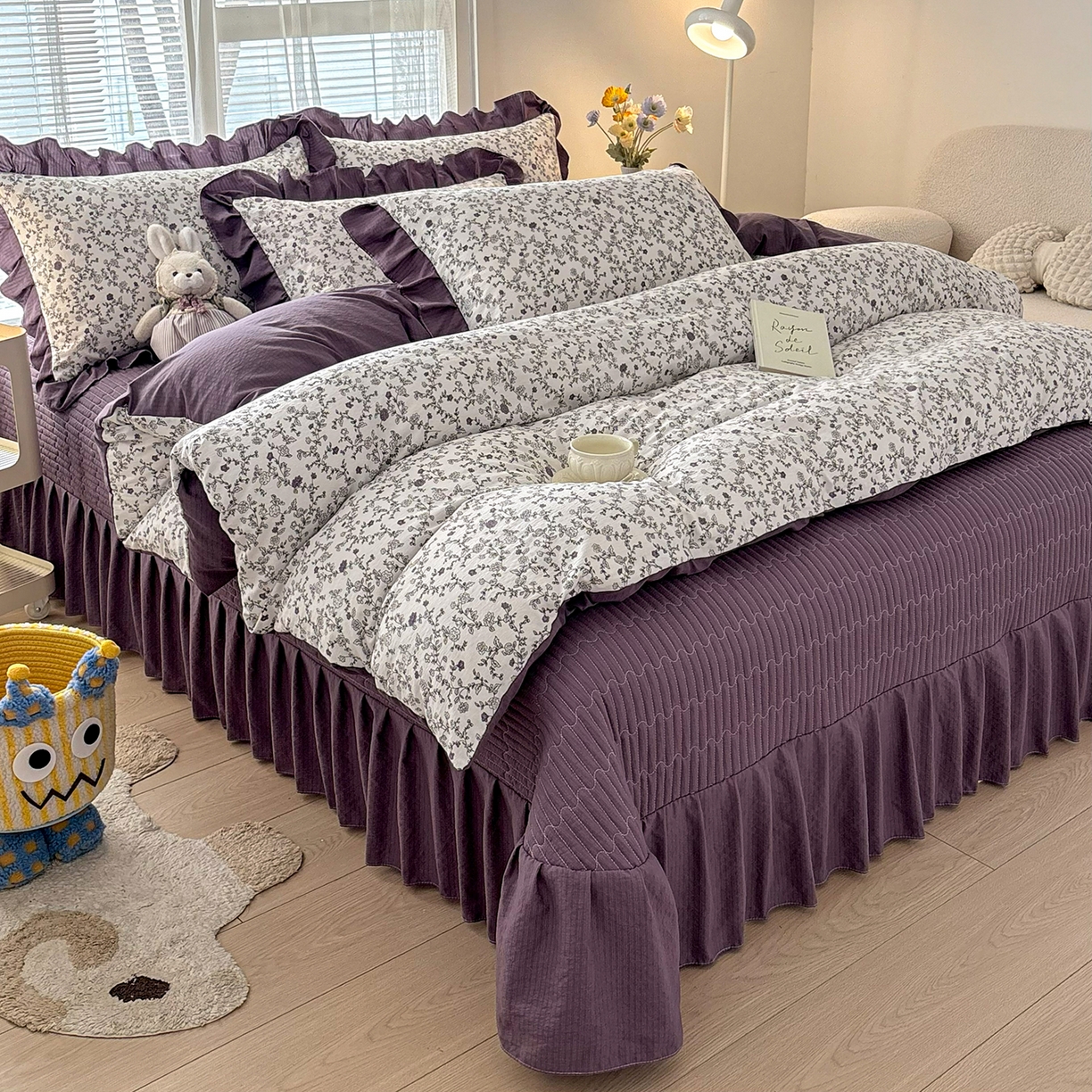 91家纺网 家纺一手货源 找家纺 民新家纺 2026新款泡芙双层纱床盖款四件套 晨雾花园