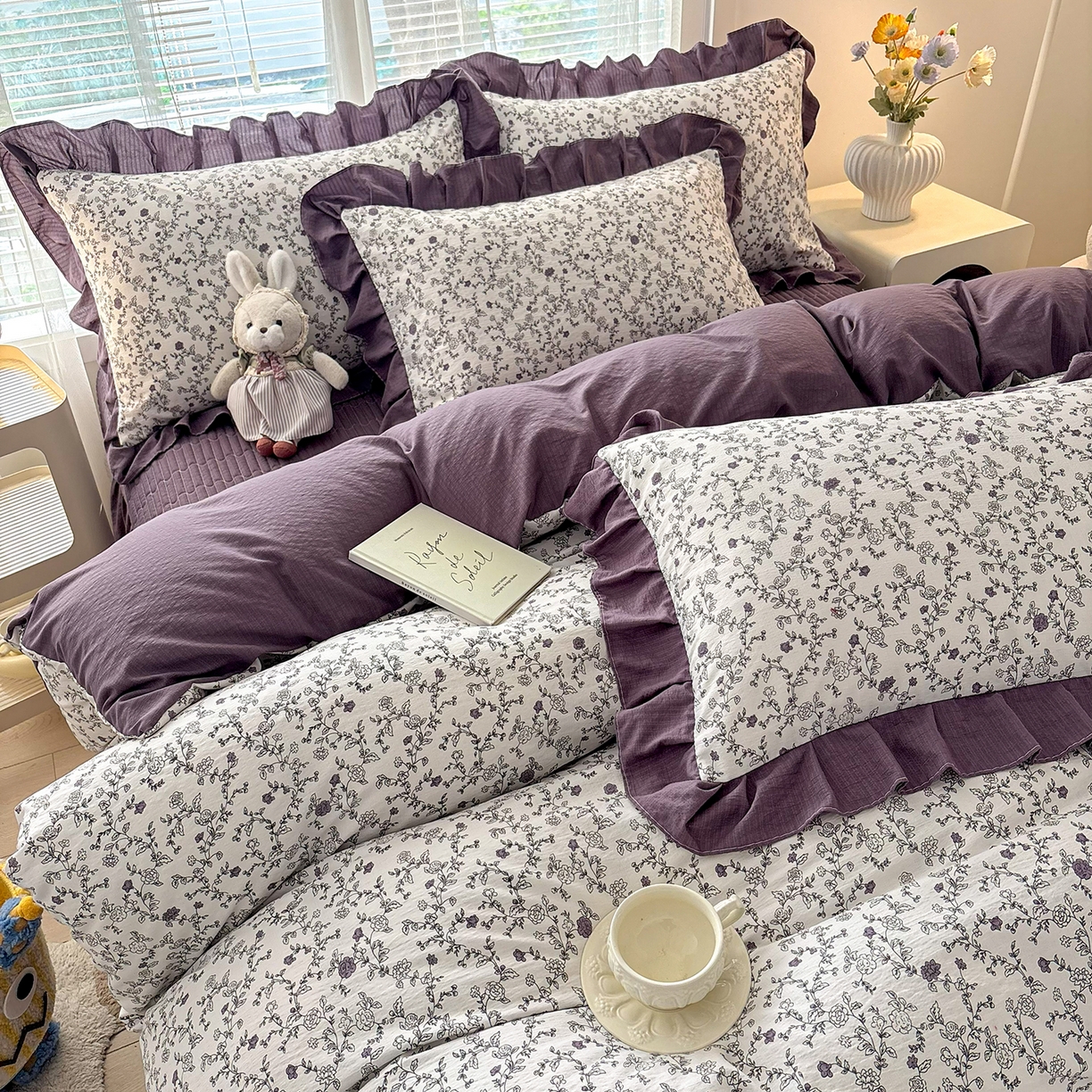 91家纺网 家纺一手货源 找家纺 民新家纺 2026新款泡芙双层纱床盖款四件套 晨雾花园