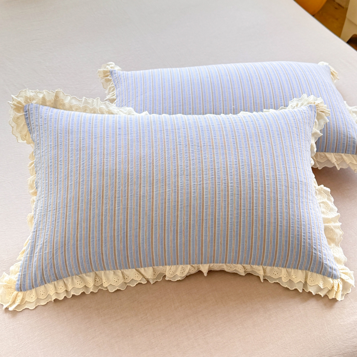 91家纺网 家纺一手货源 找家纺 仰望棉麻双层纱供应链 2026春夏新款全棉纯棉色织提花四件套-麦香麦香-蓝色