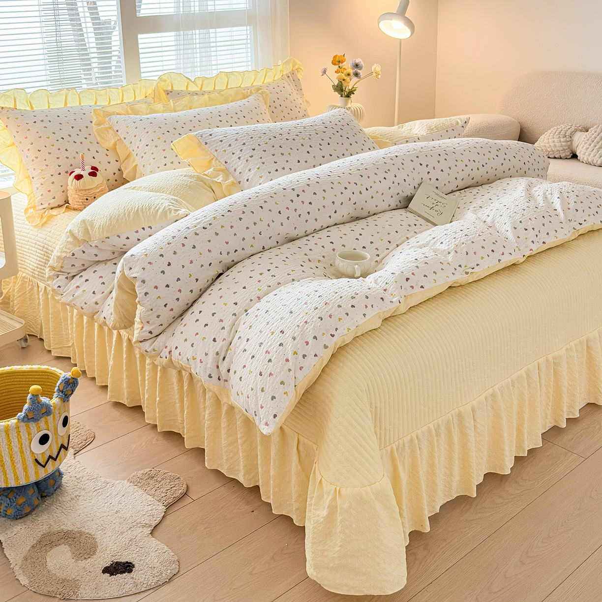 91家纺网 家纺一手货源 找家纺 民新家纺 2026新款泡芙双层纱床盖款四件套 心心相印