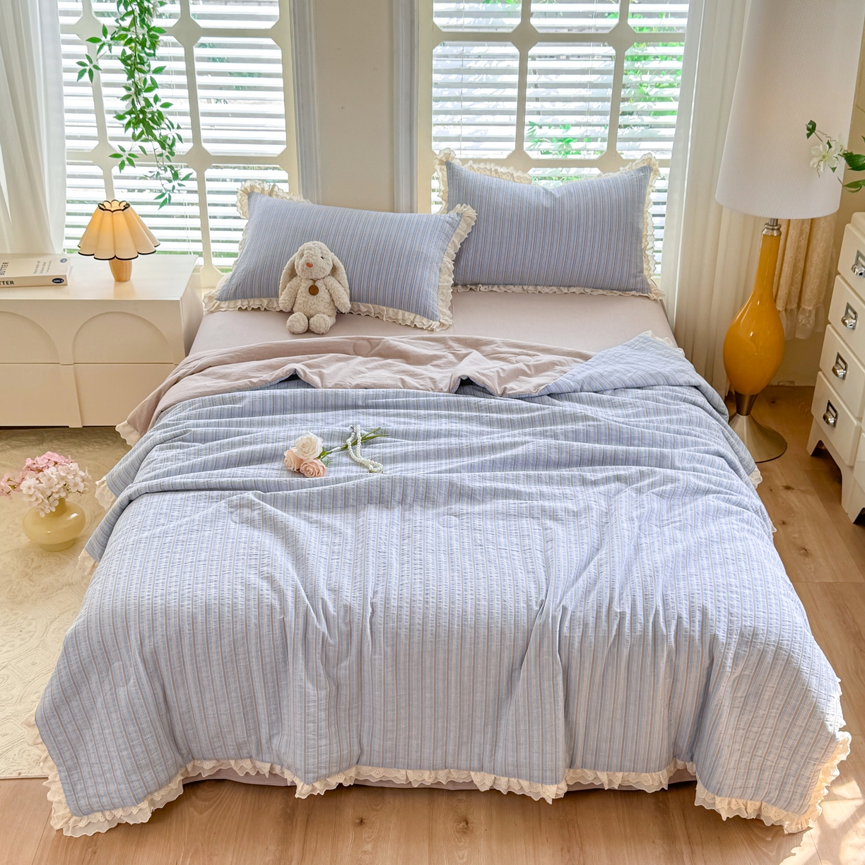 仰望棉麻双层纱供应链 2026春夏新款全棉纯棉色织提花四件套-麦香麦香-蓝色