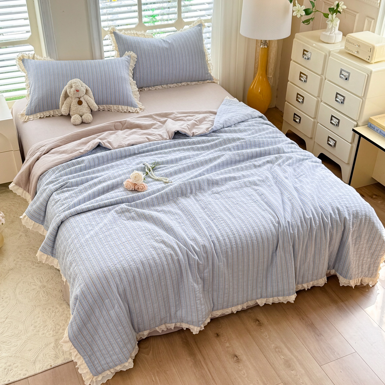 91家纺网 家纺一手货源 找家纺 仰望棉麻双层纱供应链 2026春夏新款全棉纯棉色织提花四件套-麦香麦香-蓝色