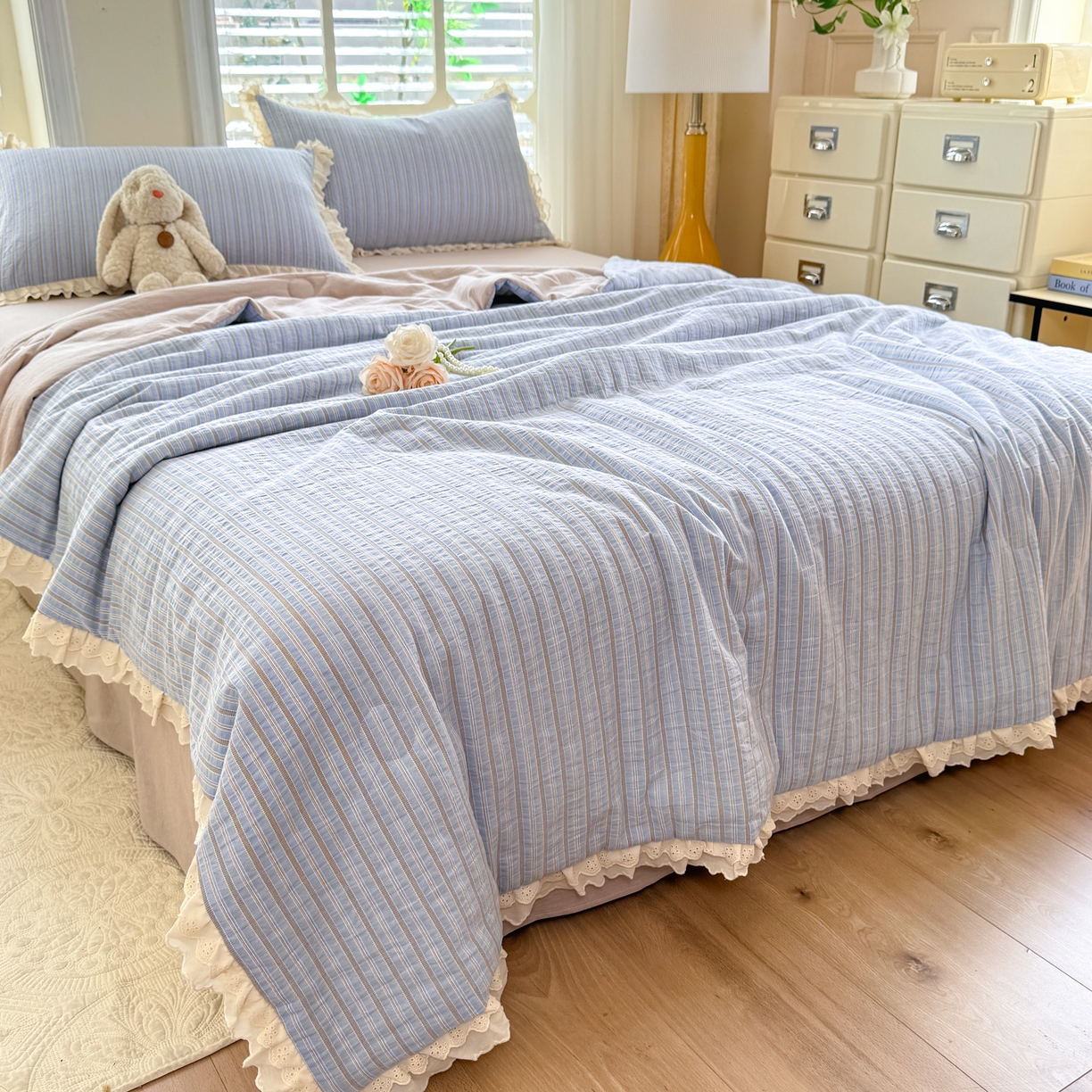 91家纺网 家纺一手货源 找家纺 仰望棉麻双层纱供应链 2026春夏新款全棉纯棉色织提花四件套-麦香麦香-蓝色