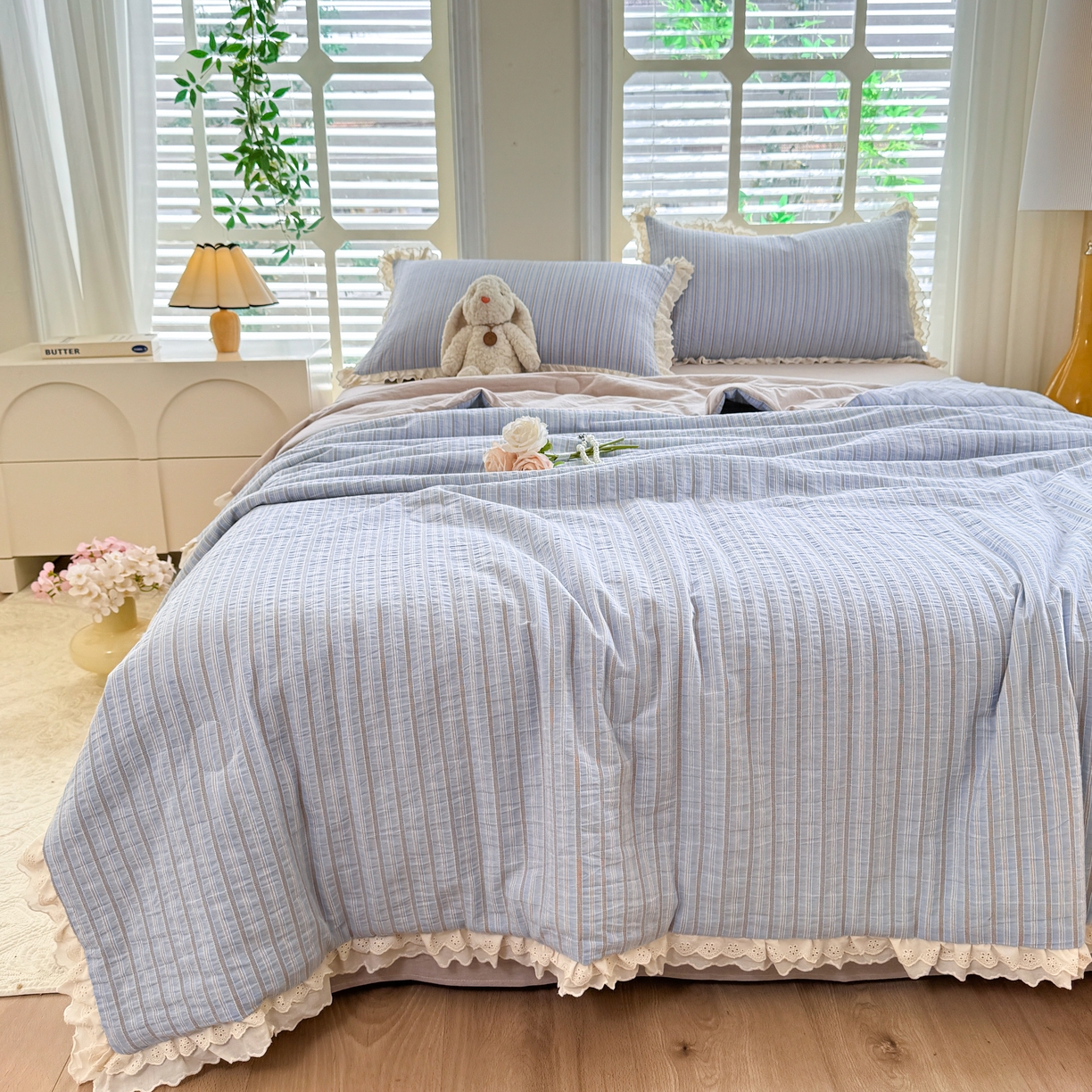 91家纺网 家纺一手货源 找家纺 仰望棉麻双层纱供应链 2026春夏新款全棉纯棉色织提花四件套-麦香麦香-蓝色