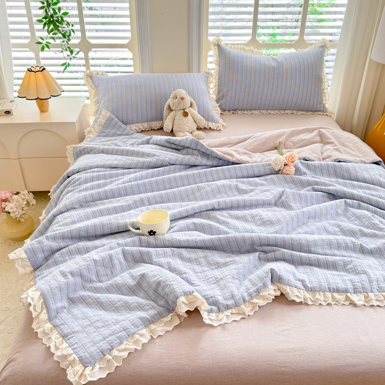 91家纺网 家纺一手货源 找家纺 仰望棉麻双层纱供应链 2026春夏新款全棉纯棉色织提花四件套-麦香麦香-蓝色