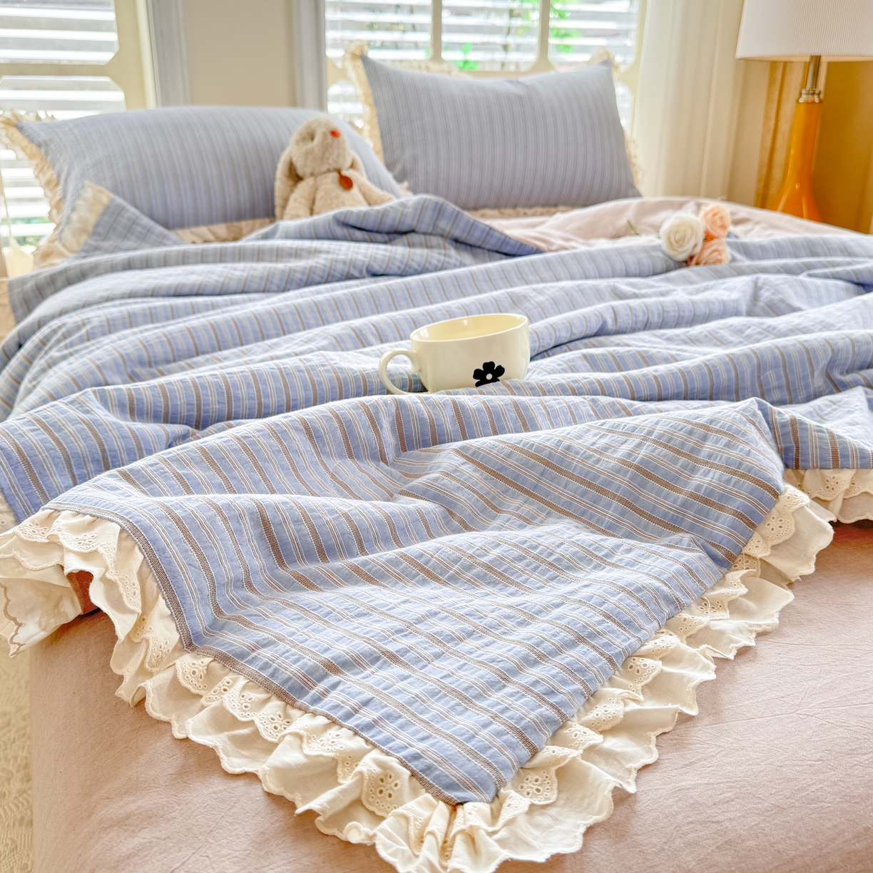 91家纺网 家纺一手货源 找家纺 仰望棉麻双层纱供应链 2026春夏新款全棉纯棉色织提花四件套-麦香麦香-蓝色