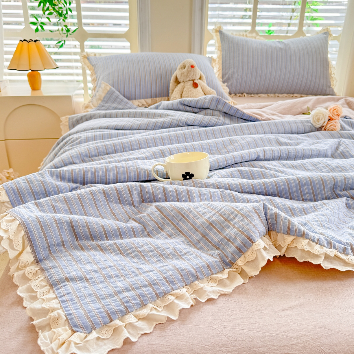 91家纺网 家纺一手货源 找家纺 仰望棉麻双层纱供应链 2026春夏新款全棉纯棉色织提花四件套-麦香麦香-蓝色