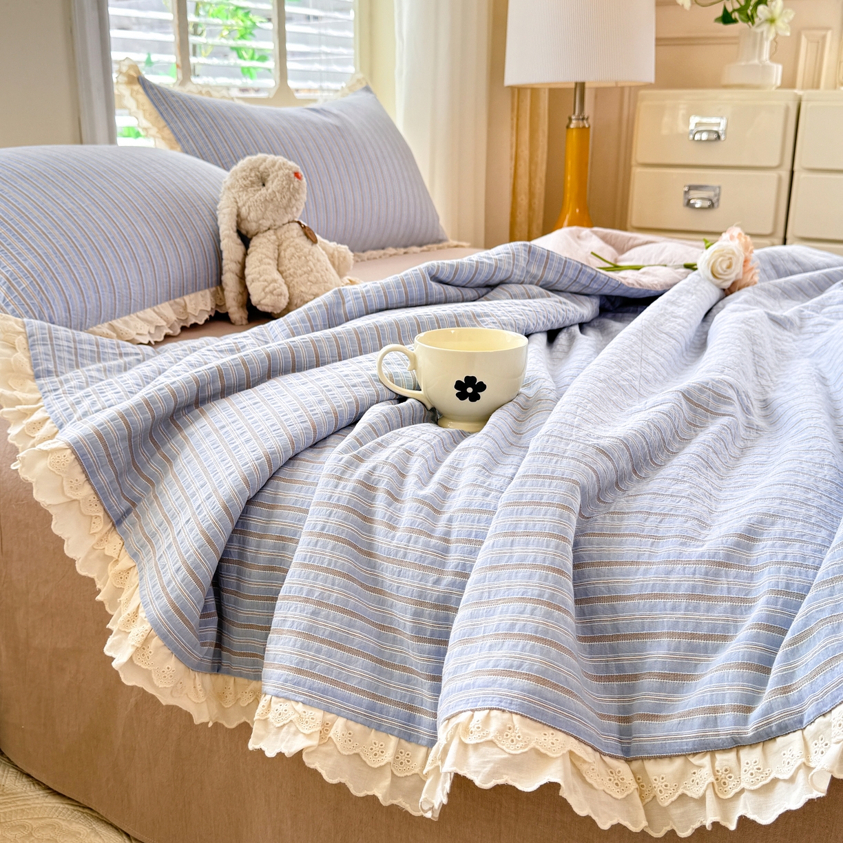 91家纺网 家纺一手货源 找家纺 仰望棉麻双层纱供应链 2026春夏新款全棉纯棉色织提花四件套-麦香麦香-蓝色