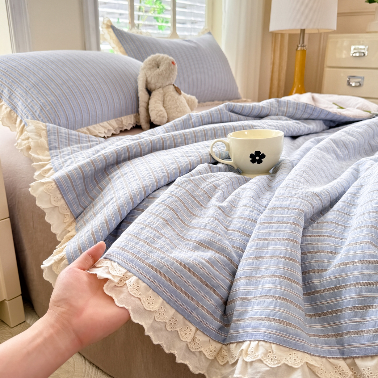 91家纺网 家纺一手货源 找家纺 仰望棉麻双层纱供应链 2026春夏新款全棉纯棉色织提花四件套-麦香麦香-蓝色