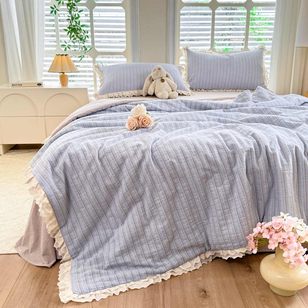 91家纺网 家纺一手货源 找家纺 仰望棉麻双层纱供应链 2026春夏新款全棉纯棉色织提花四件套-麦香麦香-蓝色