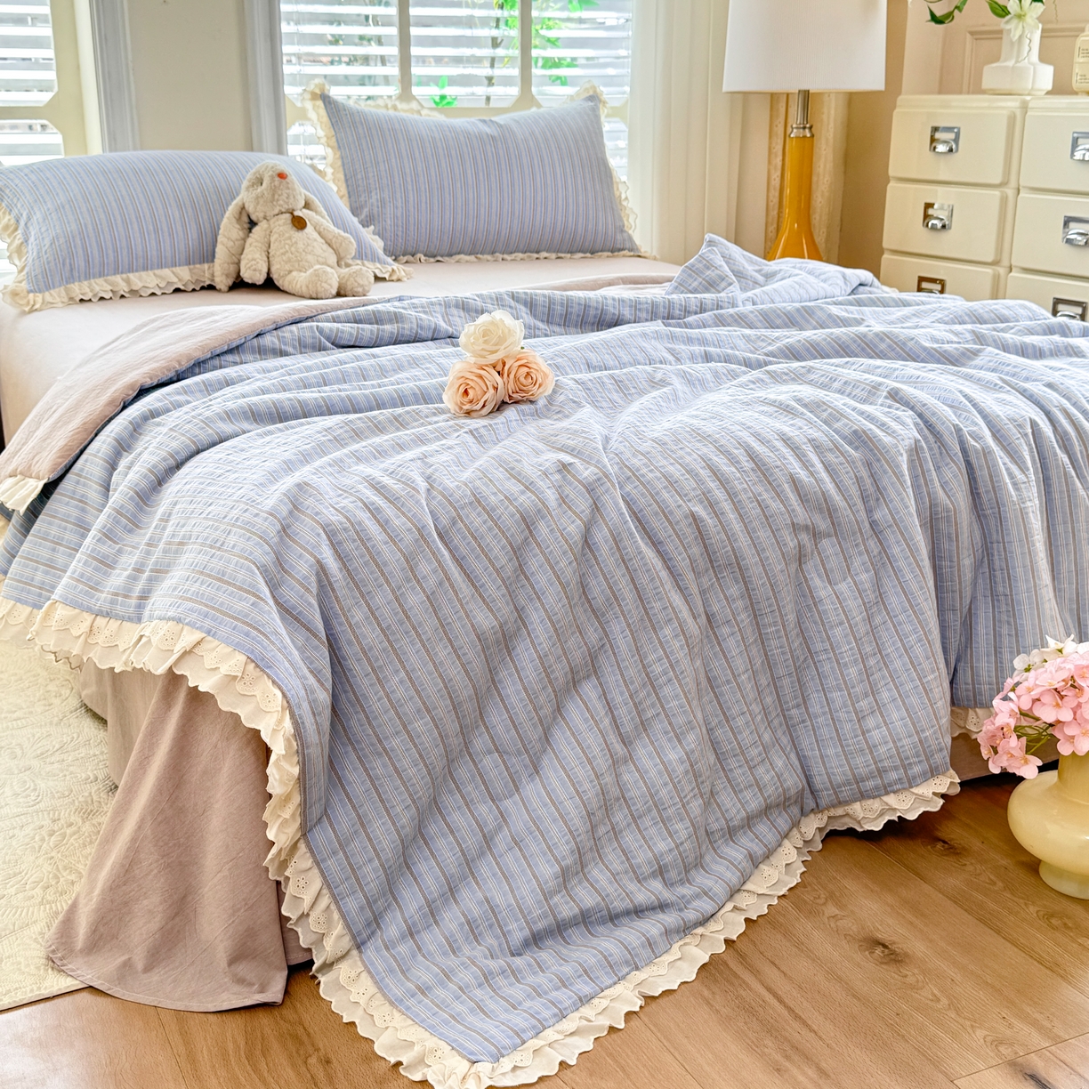 91家纺网 家纺一手货源 找家纺 仰望棉麻双层纱供应链 2026春夏新款全棉纯棉色织提花四件套-麦香麦香-蓝色