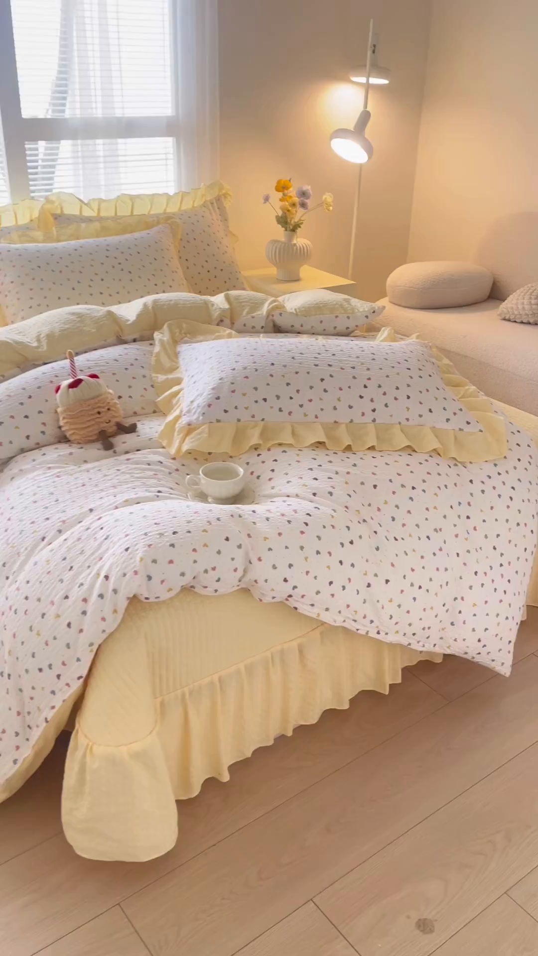 91家纺网 家纺一手货源 找家纺 民新家纺 2026新款泡芙双层纱床盖款四件套 心心相印