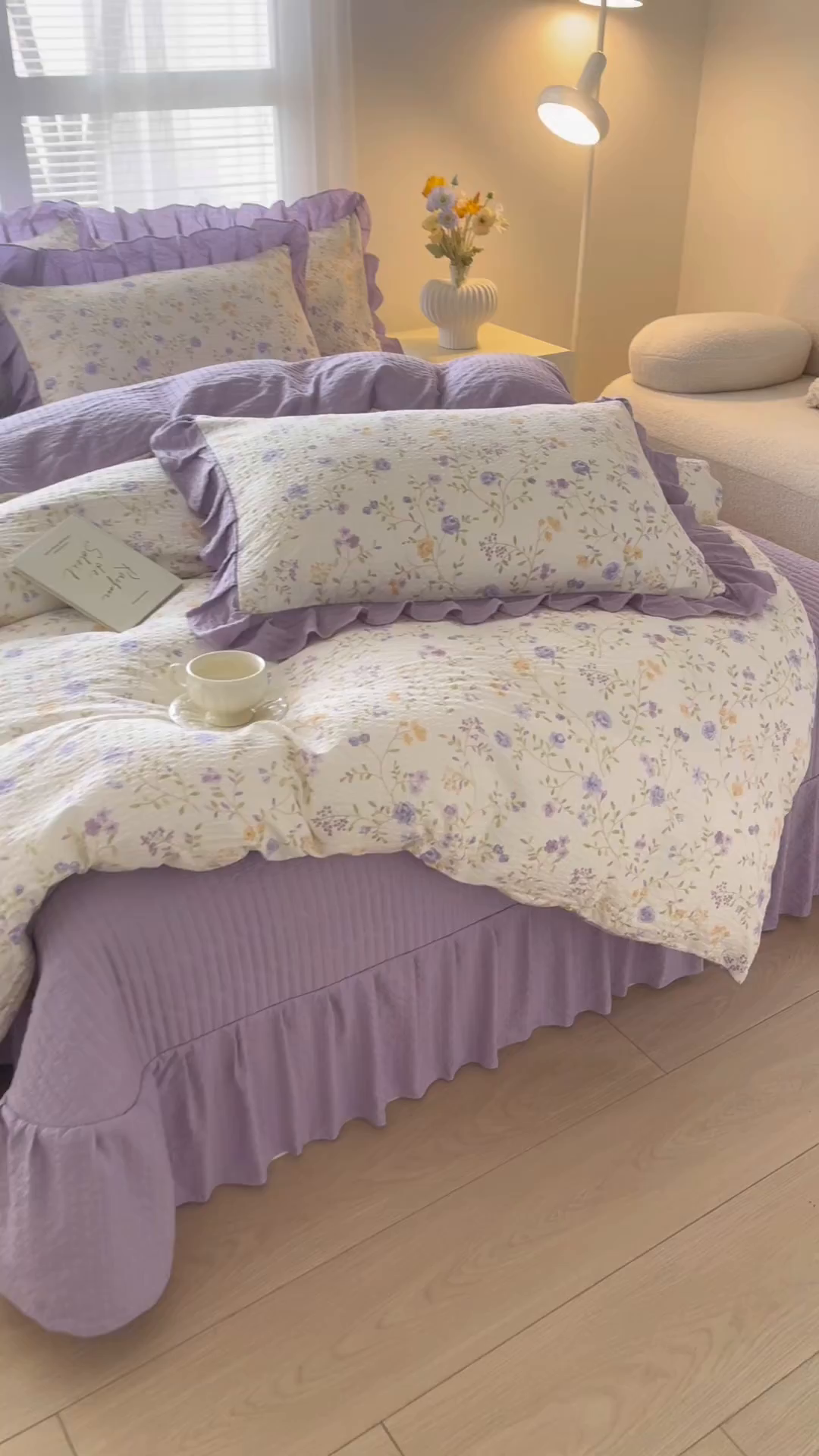 91家纺网 家纺一手货源 找家纺 民新家纺 2026新款泡芙双层纱床盖款四件套 紫薇花开