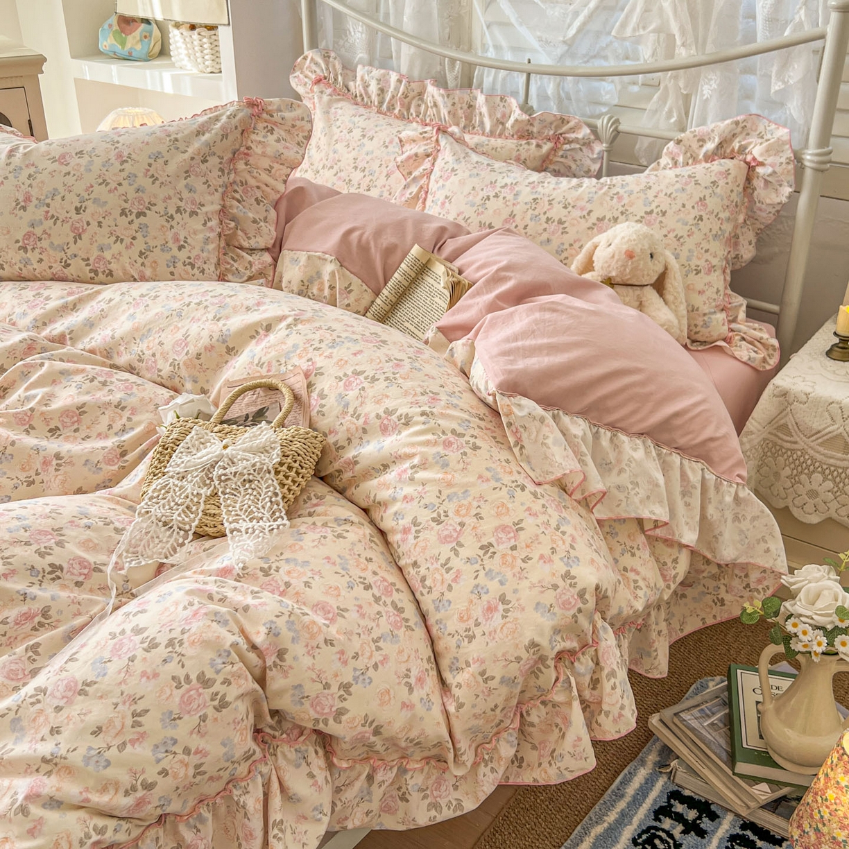 91家纺网 家纺一手货源 找家纺 睡美美家纺 2026新款水洗云朵棉亲肤花边款四件套 桃枝